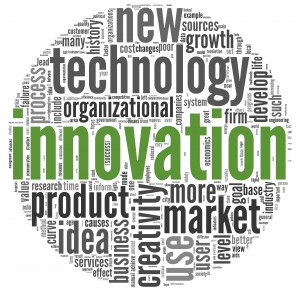 Innovation and technology and product concept related words in tag cloud on white